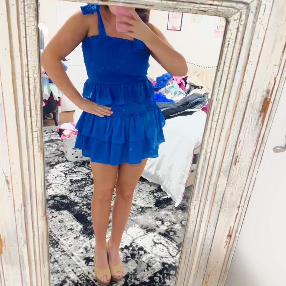 🎀🌈 blue ruffle mini dress bow tied sleeves